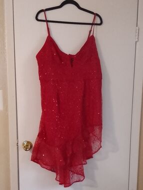 Red Sequin Asymmetric Slip Dress - Women's Evening Wear